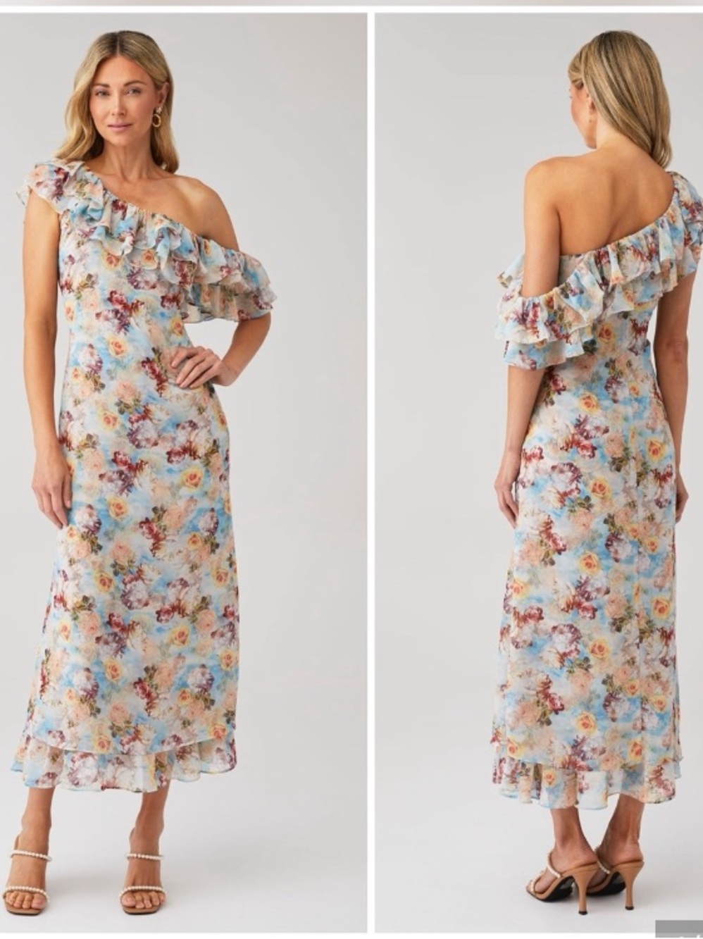 NWT For Love and Lemons Delphine One Shoulder Floral Ruffle Midi Dress Small